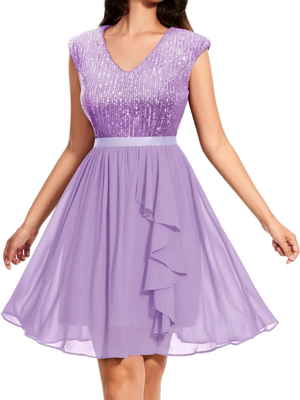 Wedtrend Lilac V-Neck Sequin Bodice Fit & Flare Dress